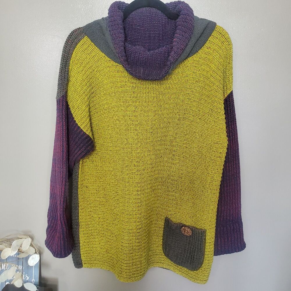 Colorblock Lagenlook Sweater Womens Size Medium 2 Side Chunky Knit Pockets